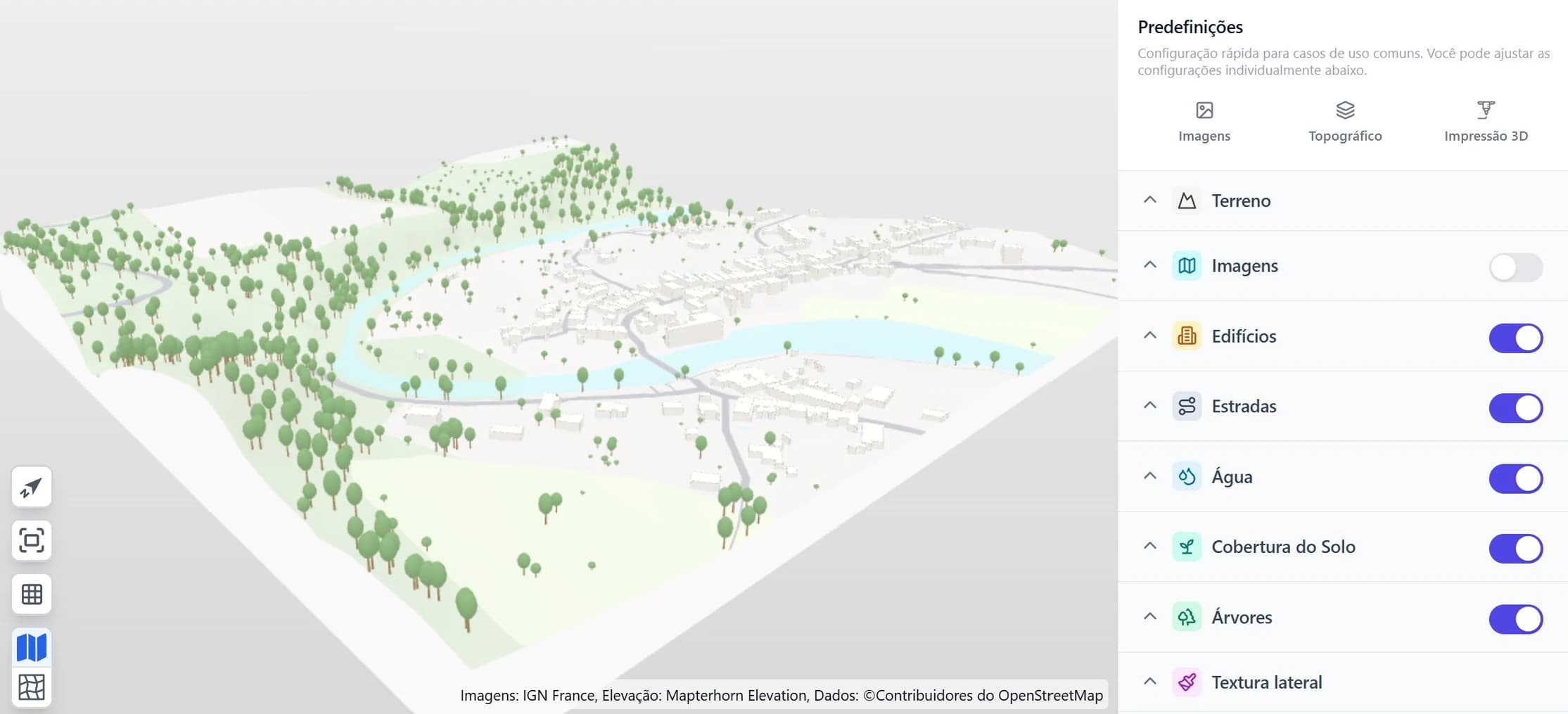 O editor do maps3d exibindo um mapa 3D gerado