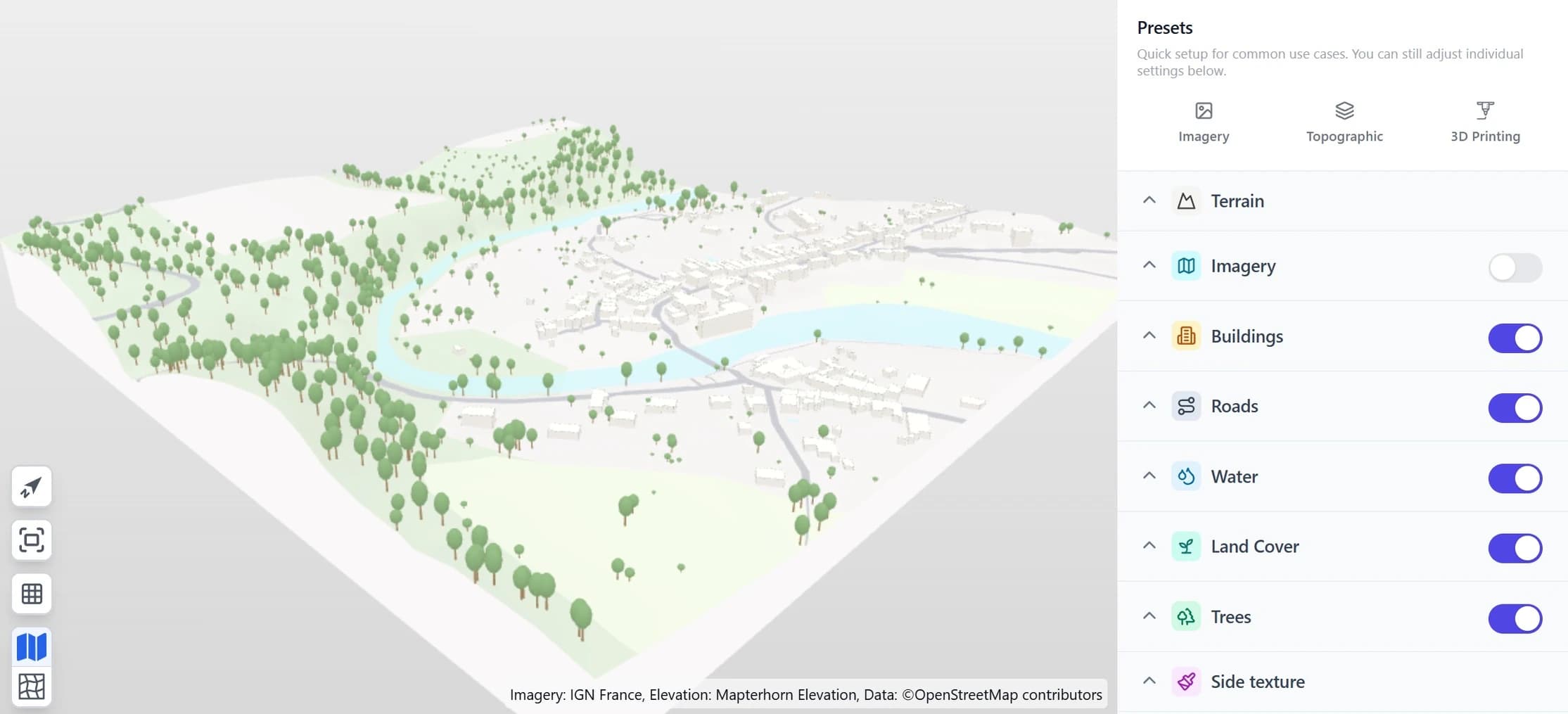 The maps3d editor showing a generated 3D map