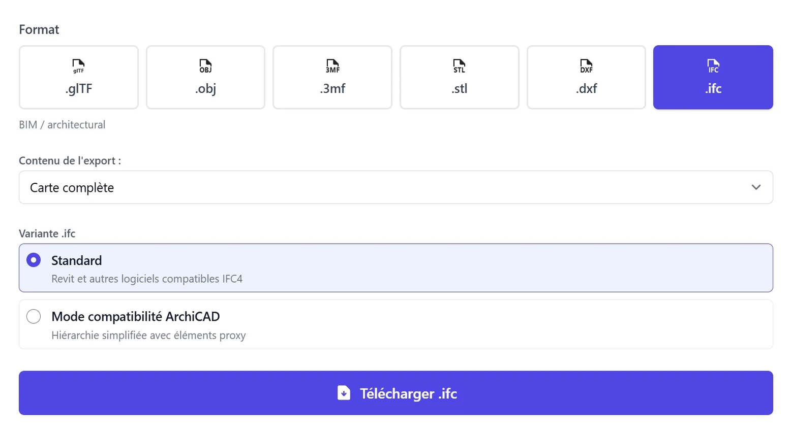 Fenêtre d'export montrant tous les formats de fichier disponibles