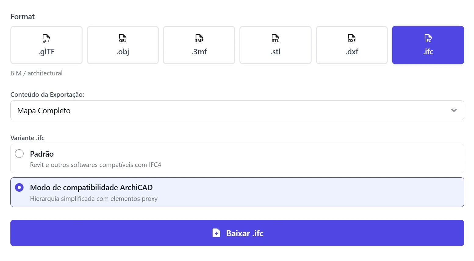 Janela de exportação com todos os formatos de arquivo disponíveis