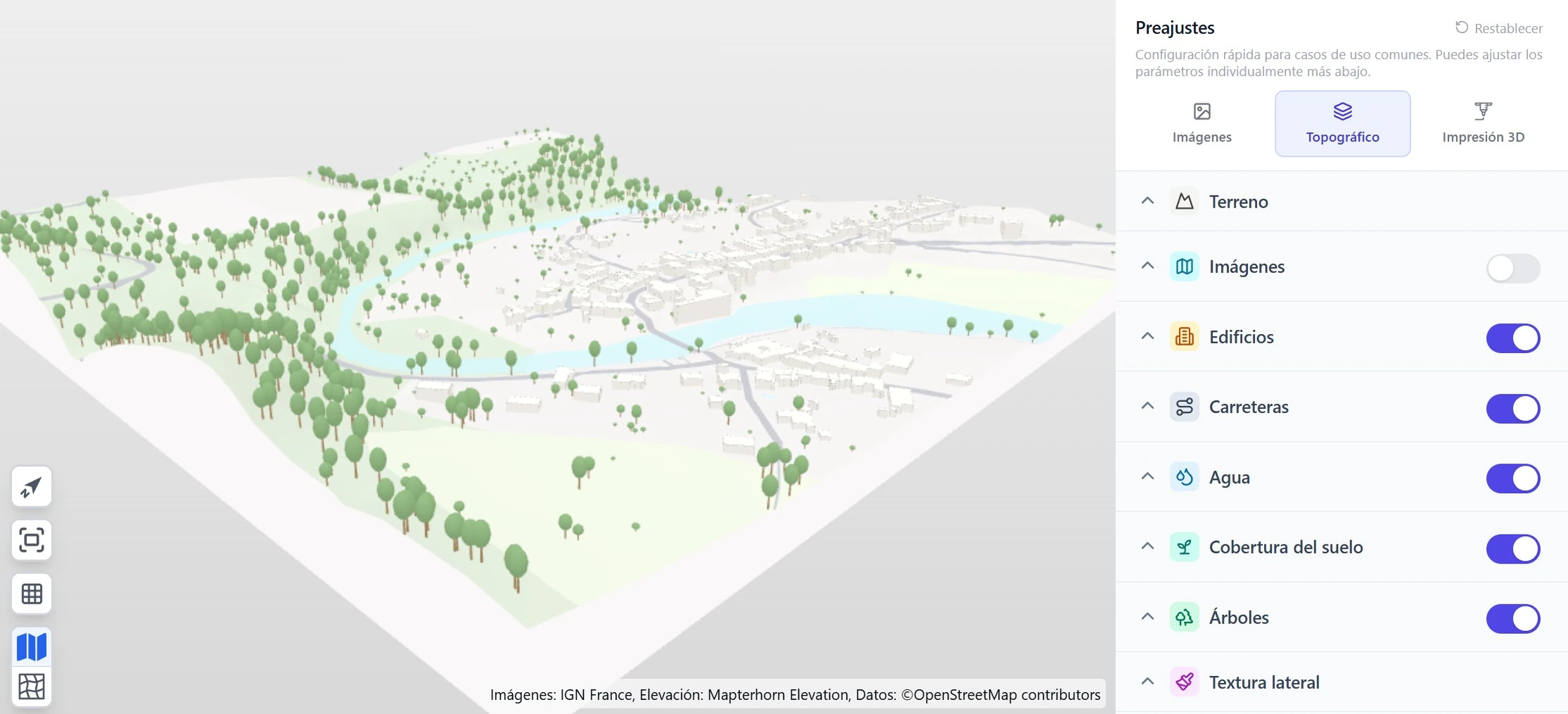 El editor de maps3d mostrando un mapa 3D generado