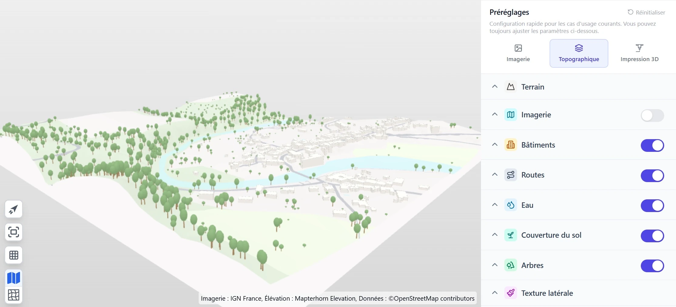 L'éditeur maps3d affichant une carte 3D générée