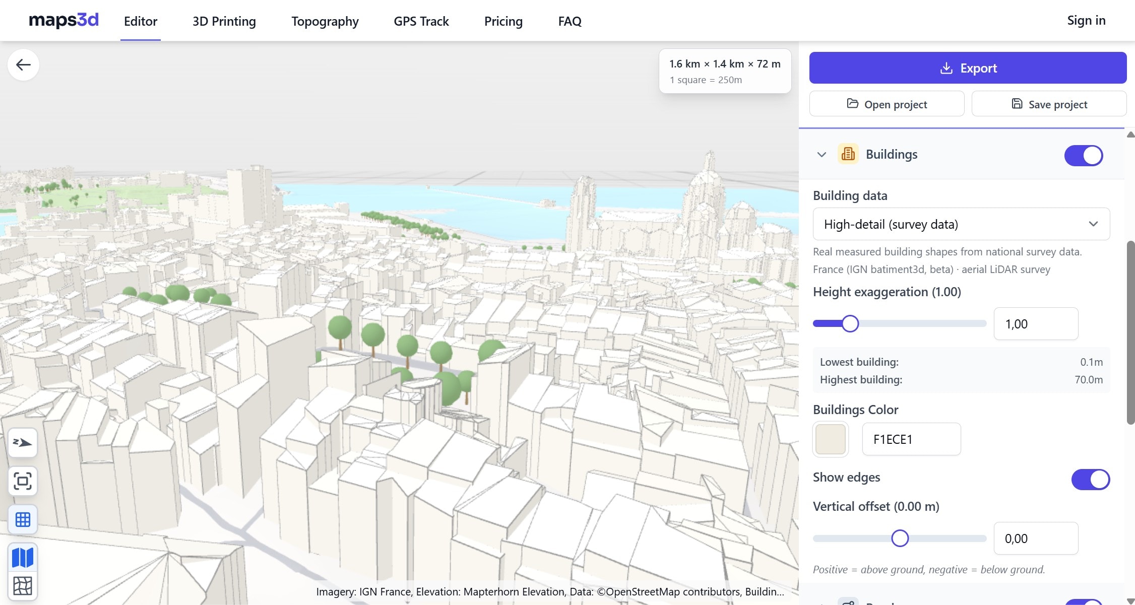 Mapa 3D com edifícios LOD2 de alta precisão